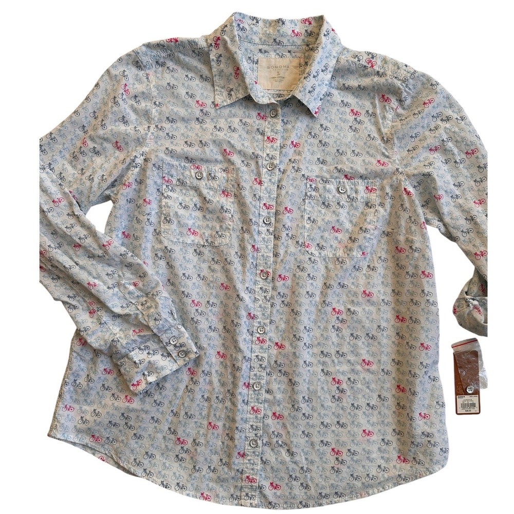 Sonoma Goods for Life Bicycle Print Shirt Womens L White Cotton NWT Novelty - Picture 3 of 8